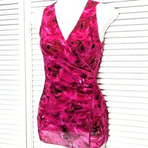 FUZZI Italy Bodycon Mesh Sleeveless Top Small Rose Print Faux Wrap Red Pink